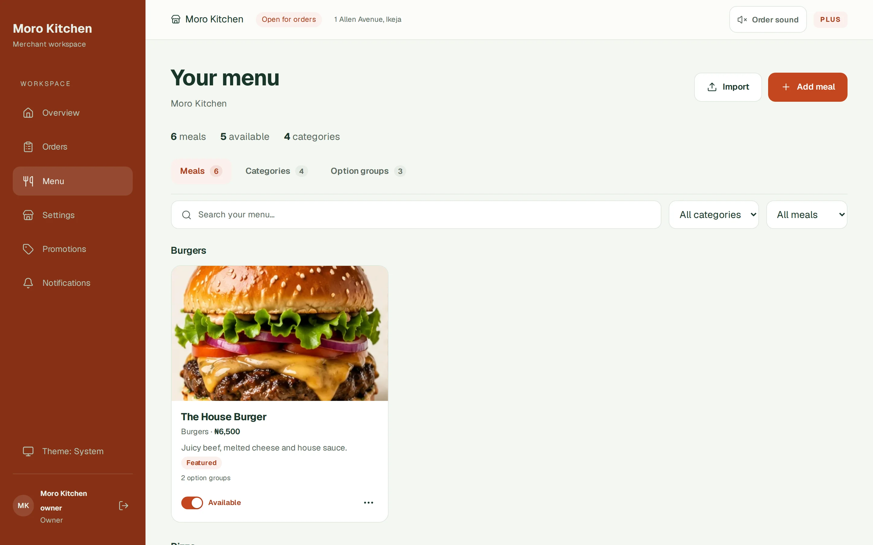 The menu editor with Import and Add meal buttons and a meal card with its photo and price