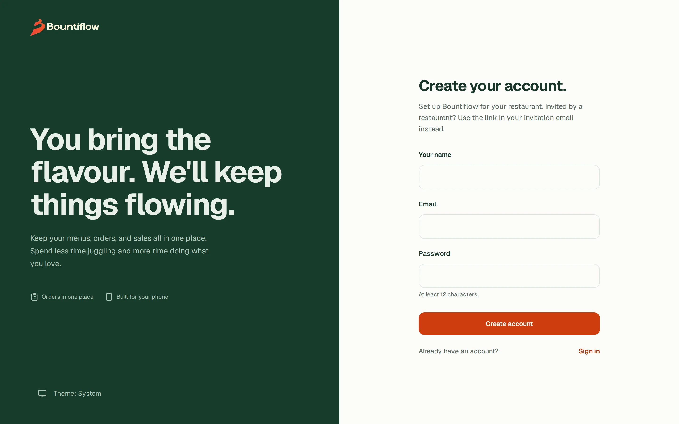 The Bountiflow sign-up page asking for your name, email and a password