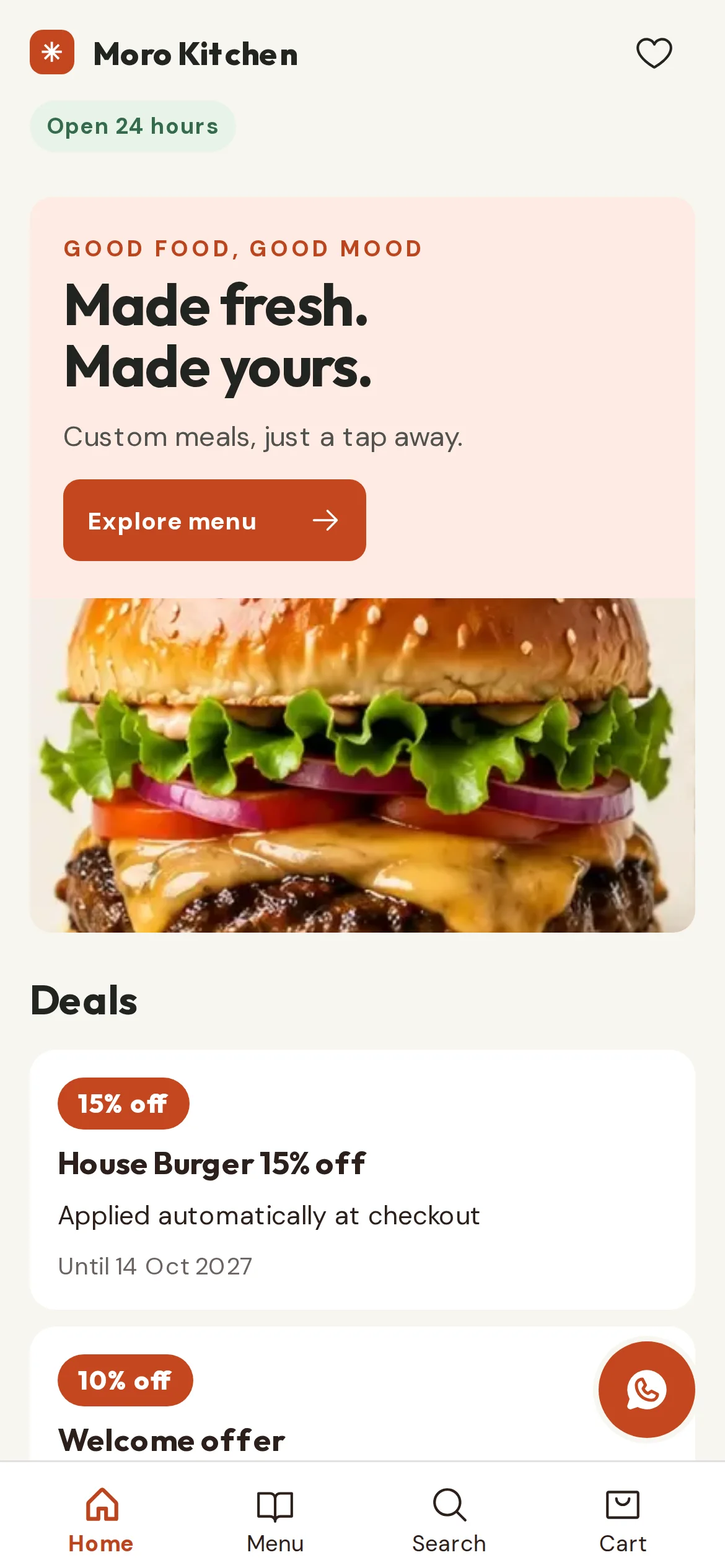 A restaurant's Bountiflow storefront on a phone, with its welcome banner, deals and a WhatsApp chat button
