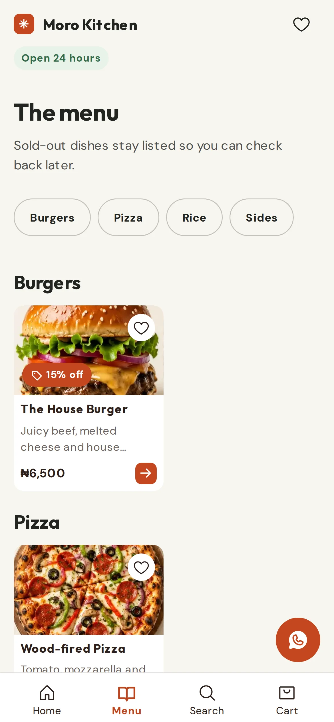 A customer browsing the storefront menu on a phone, with category filters and meal photos