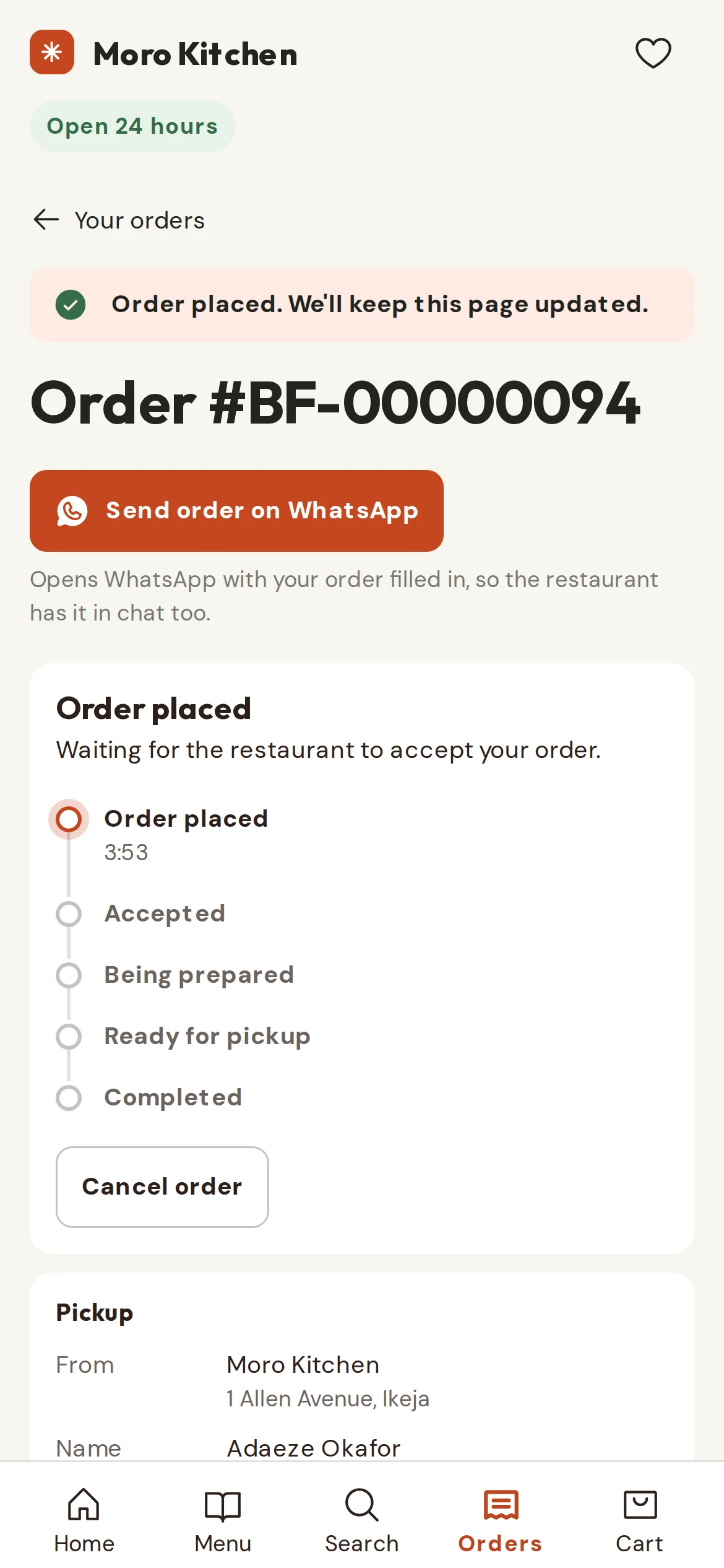 The order confirmation page on a phone with a Send order on WhatsApp button